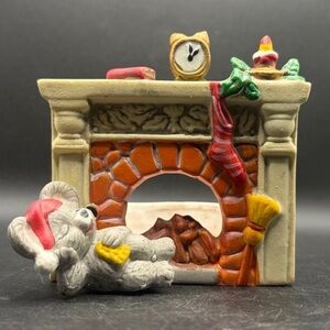 Vintage Hand Painted Ceramic Holiday Mouse Fireplace Candle Holder, Christmas
